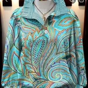 Vibrant Aqua Paisley Button-Up Blouse Size XXL/ XL